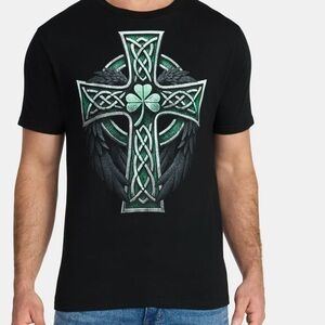 Men's Celtic Cross Graphic Tee - Black with Green Accent Size M